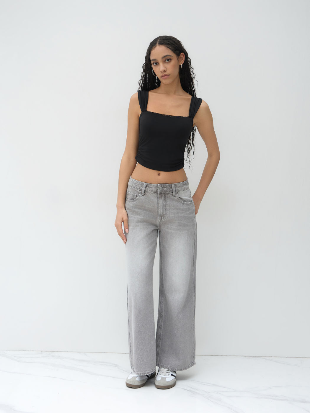 Square Neck Lace Trim Ruched Crop Tank Top