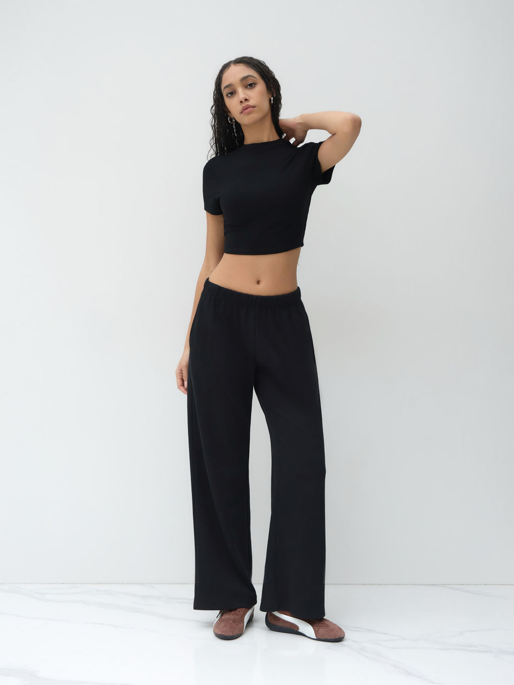 Crop Tee & Low Rise Elastic Waist Straight Leg Trousers Set