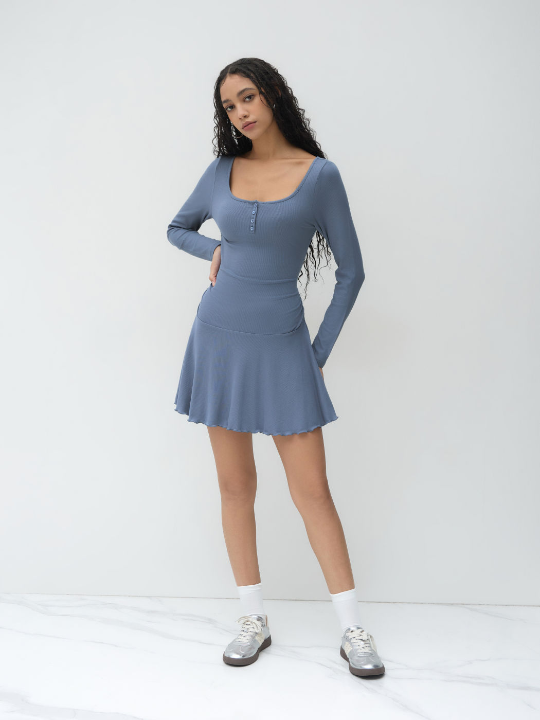 U-neckline Ruffle Ruched Mini Dress