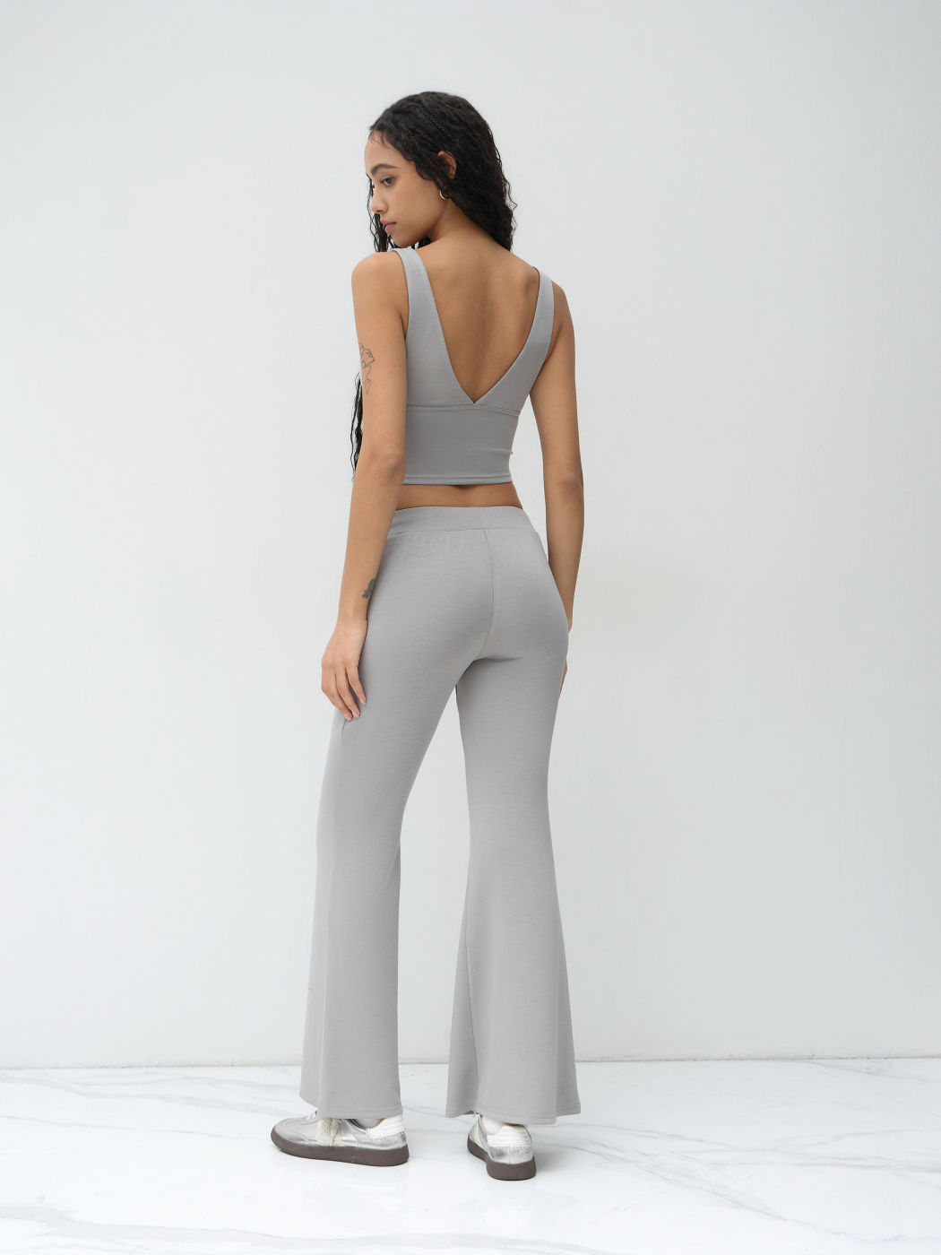 V-neck Crop Tank Top & Low Rise Elastic Waist Flared Trousers