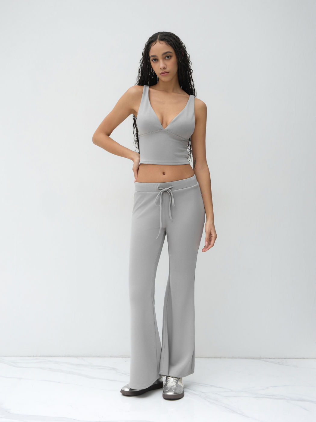 V-neck Crop Tank Top & Low Rise Elastic Waist Flared Trousers