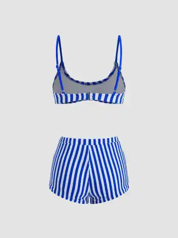 Terry U-Halsstreifen-Bikini-Set mit Armband & Cover-Up Shorts