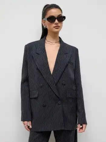 Notched Collar Stripe Double Breasted Blazer
