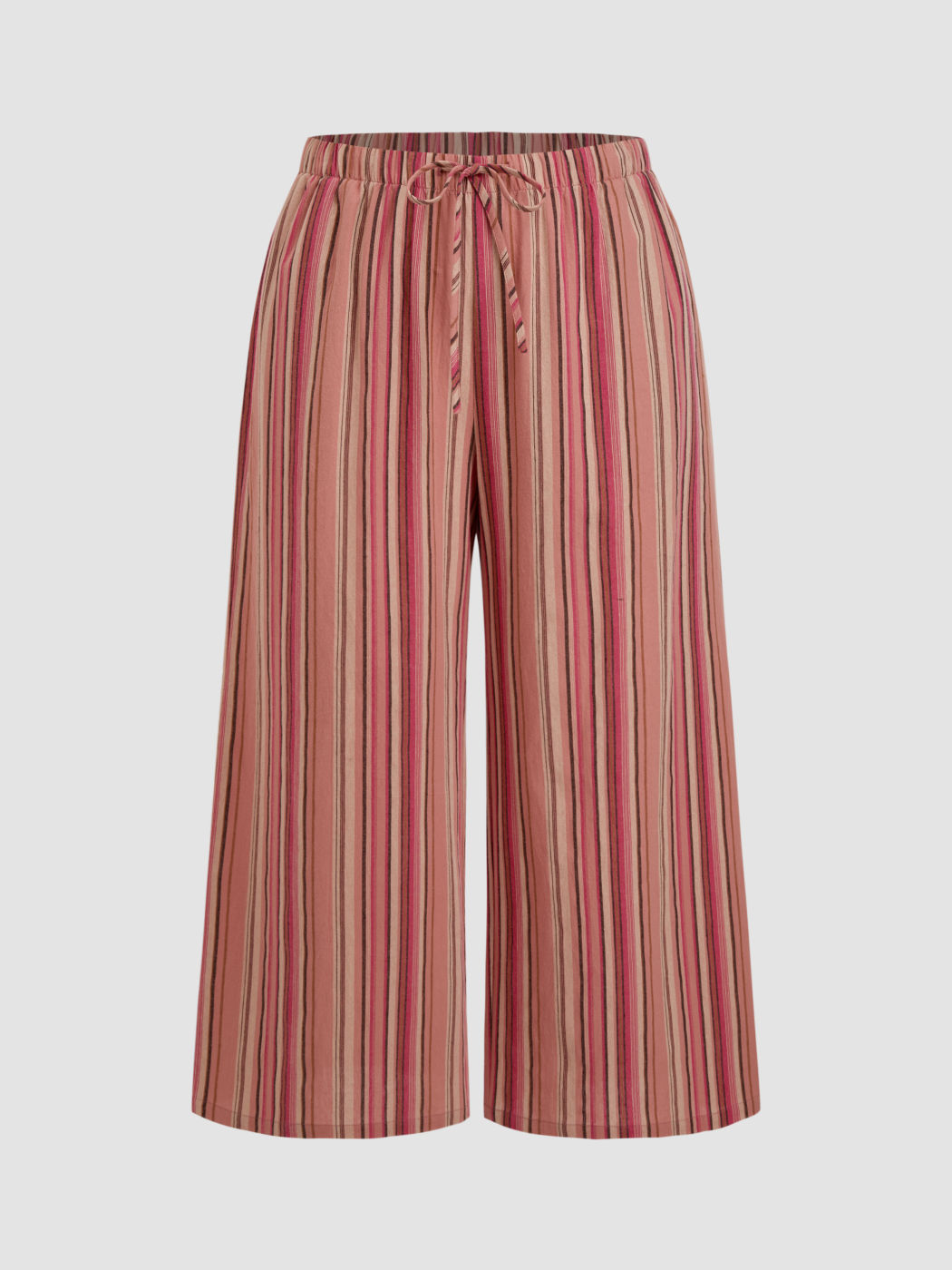100% Cotton Mid Rise Stripe Knotted Wide Leg Trousers Curve & Plus
