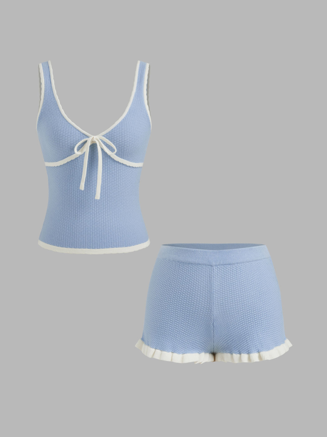 Knit Sweetheart Contrasting Binding Bowknot Top & Mid Rise Ruffle Hem Micro Shorts Set