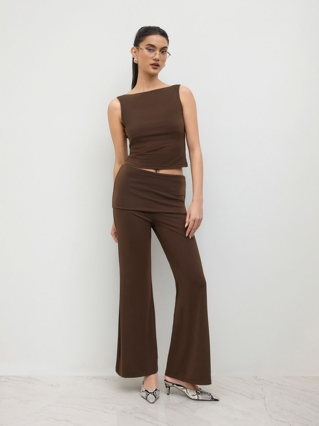 Boat Neck Backless Tank Top & Low Rise Flared Trousers