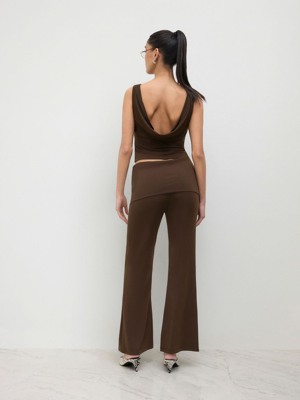 Boat Neck Backless Tank Top & Low Rise Flared Trousers