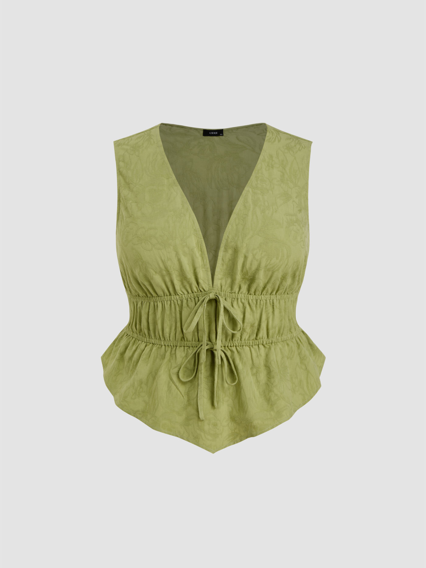 100% Cotton V-neck Tie Front Shirred Blouse Curve & Plus