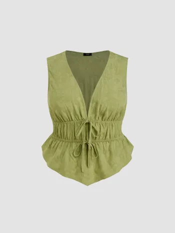 100% Cotton V-neck Tie Front Shirred Blouse Curve & Plus