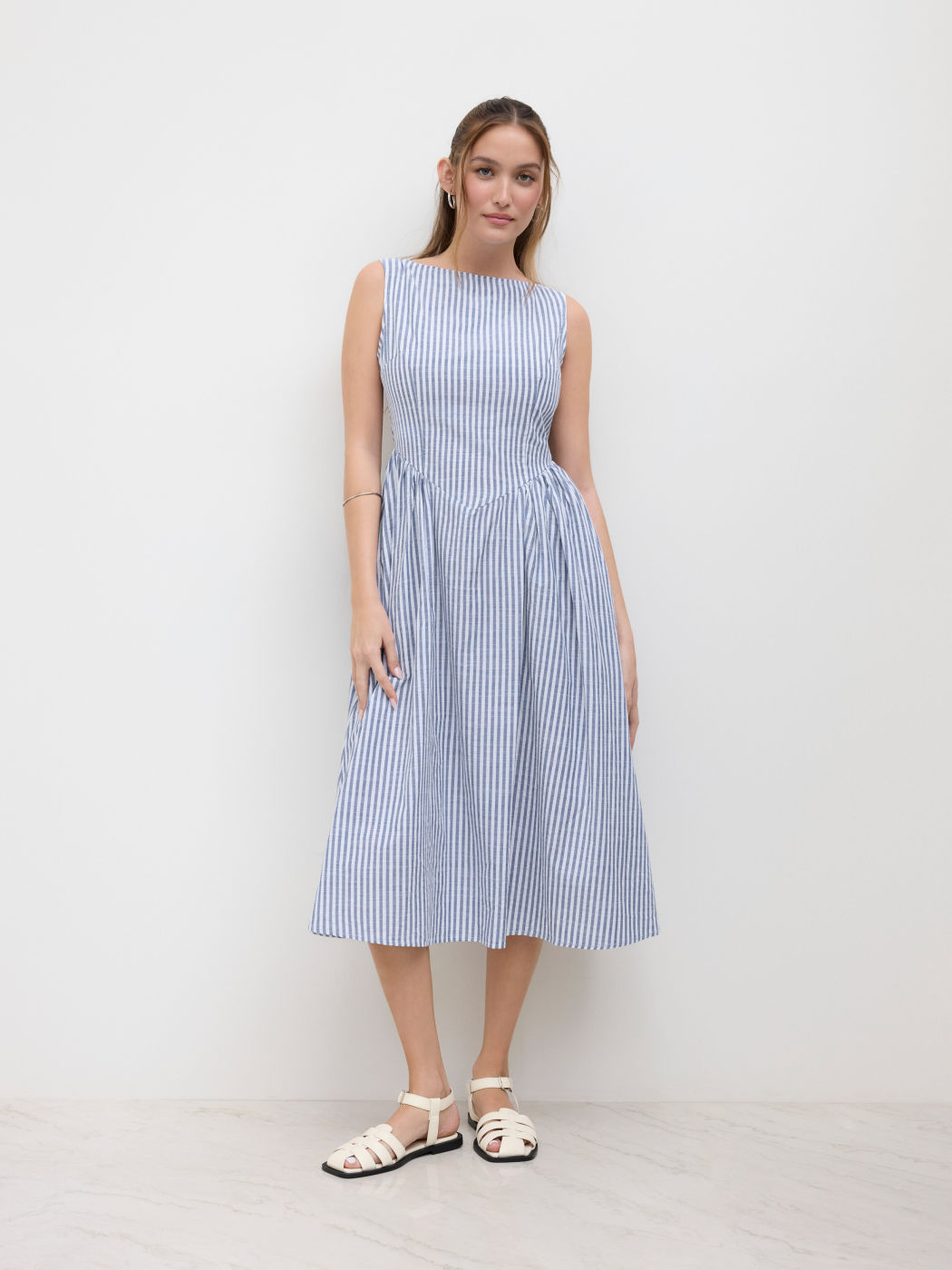 Cotton-blend Boat Neck Striped Ruffle Maxi Dress