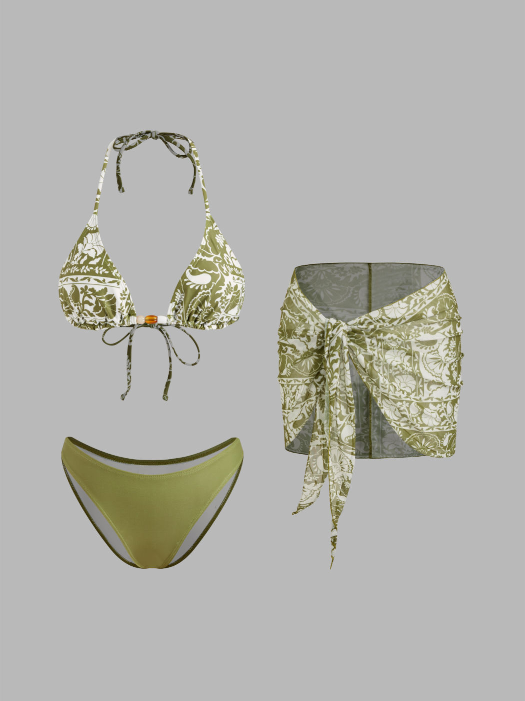 V-neck Floral Beaded Halter Bikini Set With Sarong