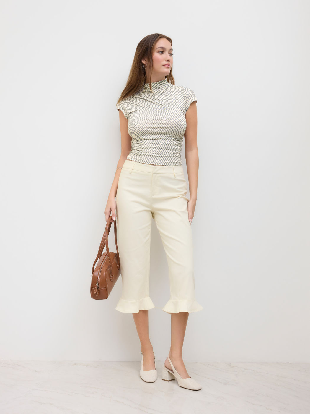 High Neck Stripe Ruched Short Sleeve Tee