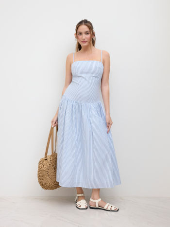 Cotton Stripe Cut Out Shirred Ruffle Maxi Dress