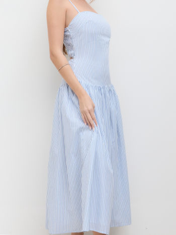 Cotton Stripe Cut Out Shirred Ruffle Maxi Dress
