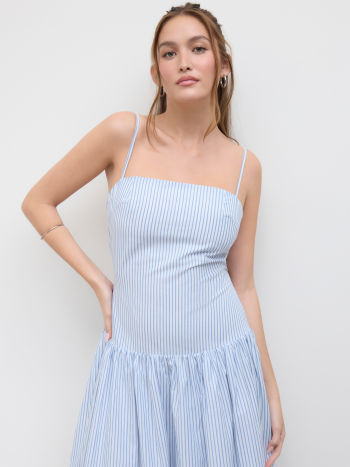 Cotton Stripe Cut Out Shirred Ruffle Maxi Dress