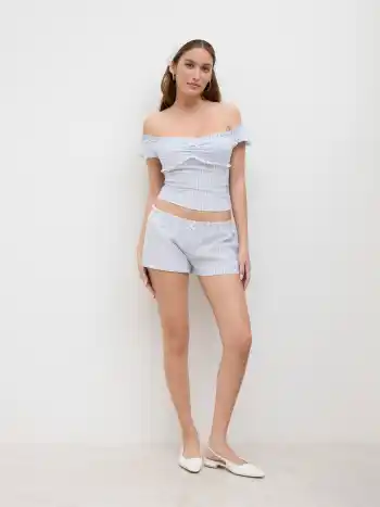 Cotton-blend Stripe Bowknot Top & Mid Rise Broderie Anglaise Trim Shorts Set