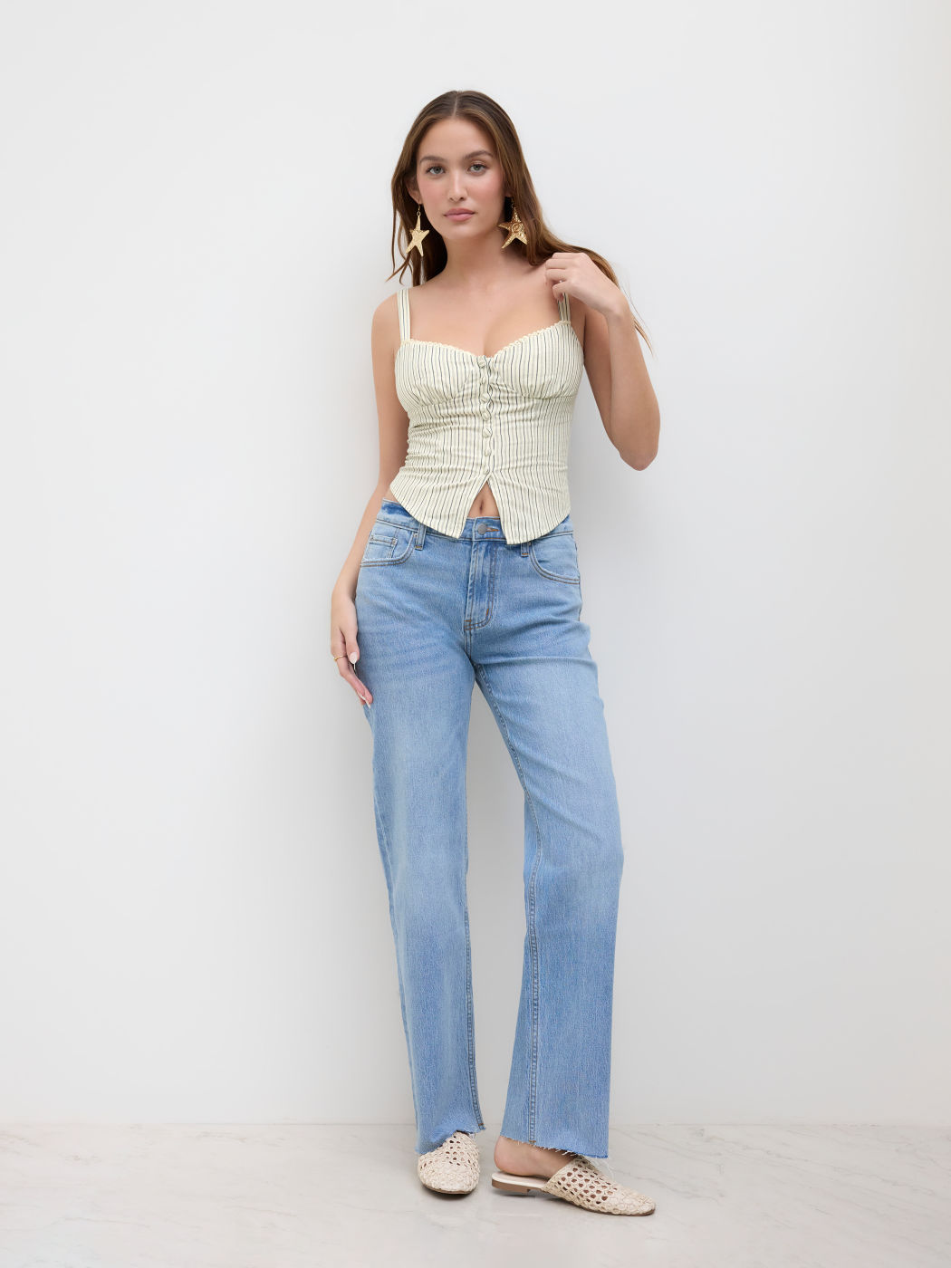 Baumwoll-Sweetheart-Streifen-Cami-Top mit Schlitz und Rüschen