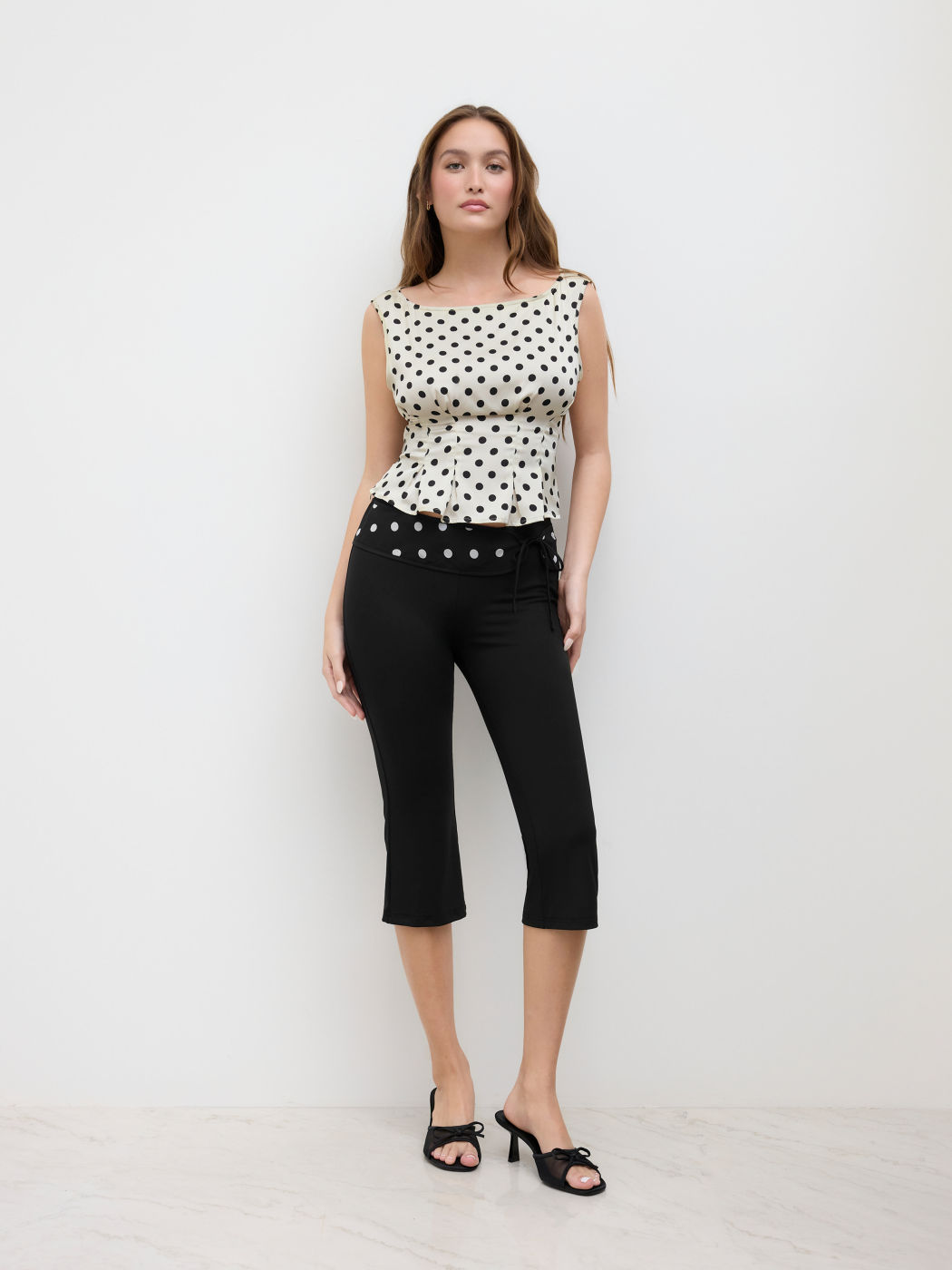 Boat Neck Polka Dot Pleated Lace Up Tank Top