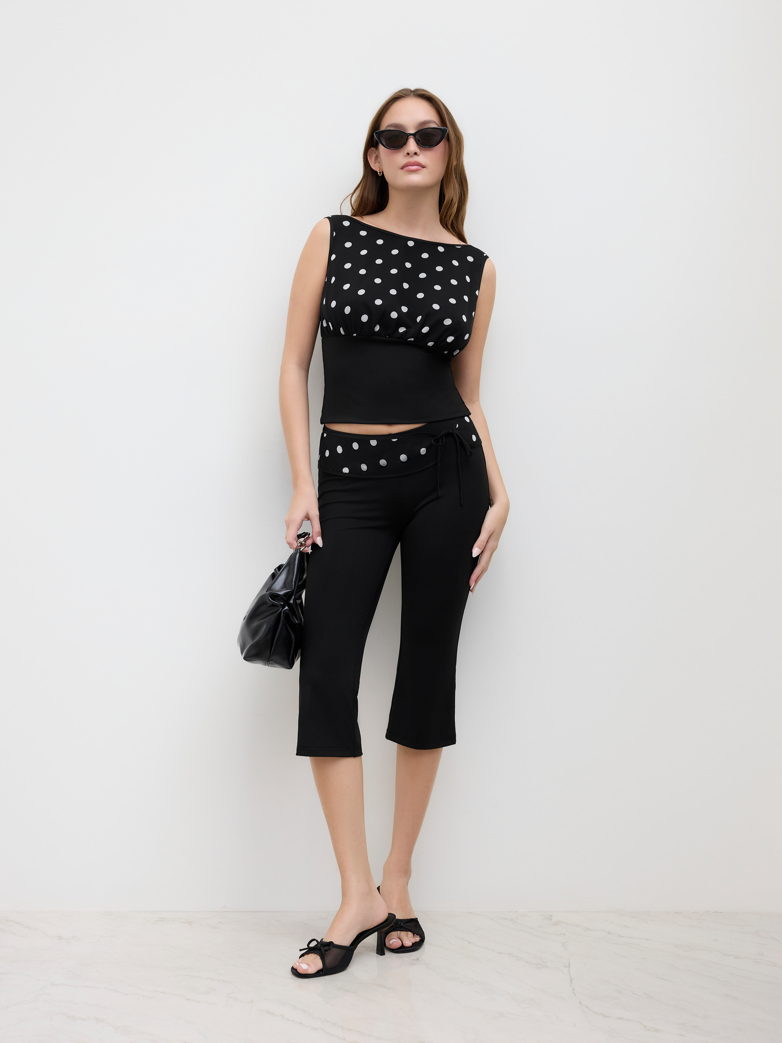 Chiffon Boat Neck Polka Dot Lace Up Tank Top