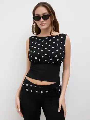 Chiffon Boat Neck Polka Dot Lace Up Tank Top