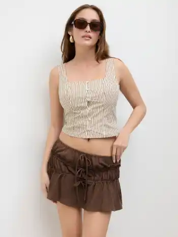 Linen-blend Low Rise Knotted Lettuce Trim Tiered Mini Skirt