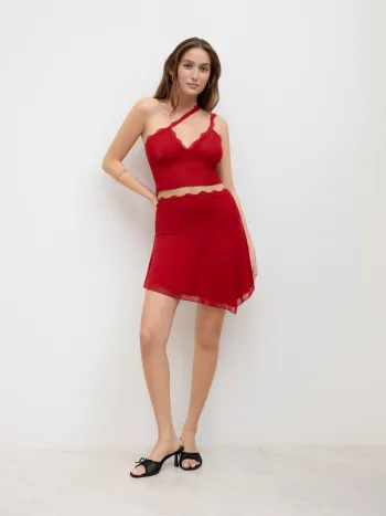 Set aus Mesh-Bodysuit mit Spitzenrand und asymmetrischem Midi-Skirt mit Fallinie