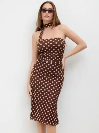 Mesh Halter Neckline Polka Dot Ruched Midi Dress