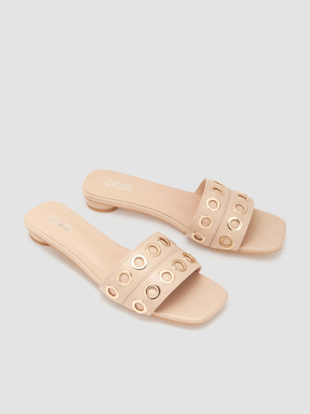 EYELET SQUARE TOE LOW HEEL FAUX LEATHER SLIPPERS