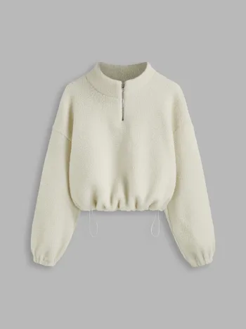 Fleece Hoher Kragen Einfarbig Kordelzug Reißverschluss Sweatshirt