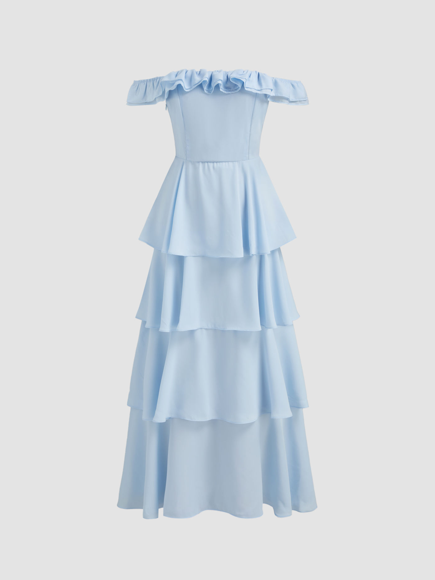 Off-shoulder Ruffle Layered Shirred Maxi Dress