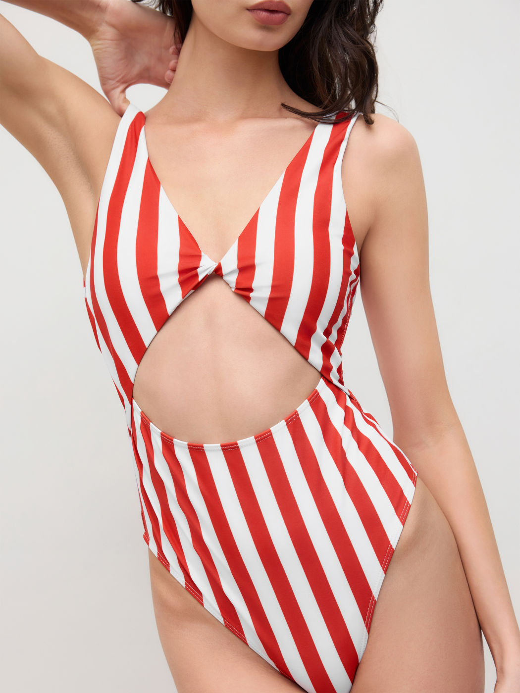Shaping V-neck Stripe Cut Out One Piece Swimsuit 