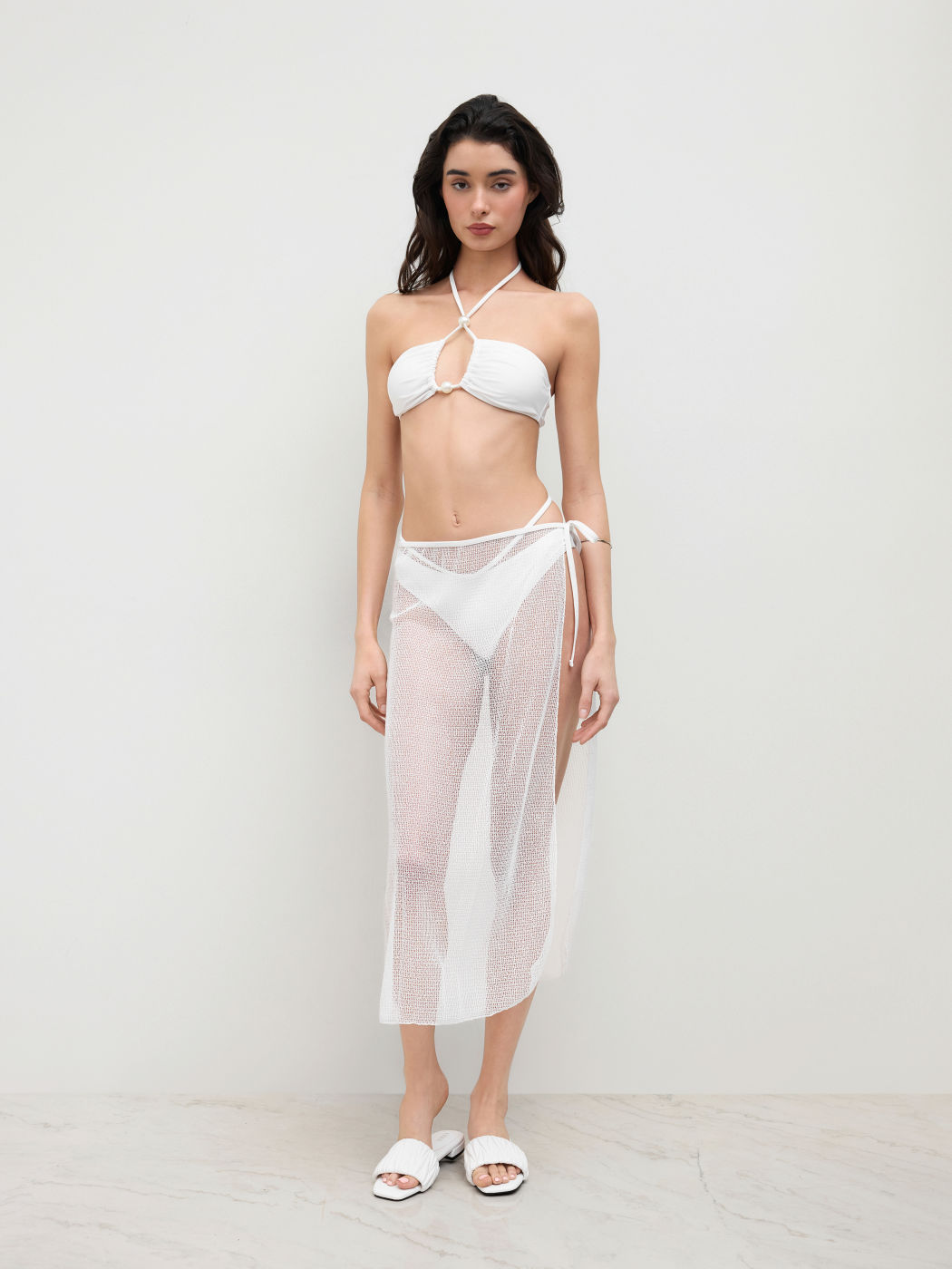 V-neck Cut Out Beaded Halter Cheeky Bikini Set With Sarong