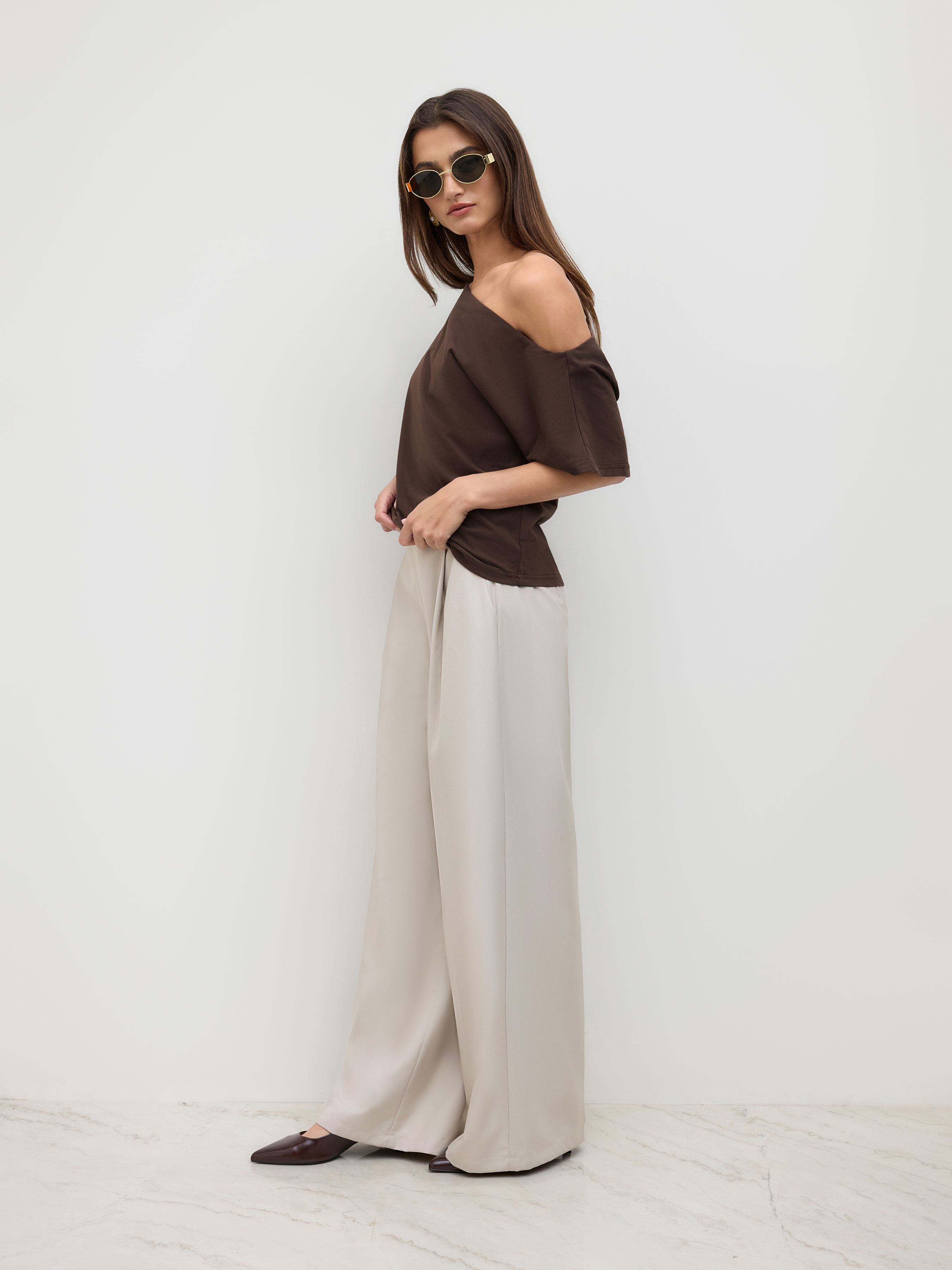 Cotton-blend Asymmetrical Neck Ruched Tee