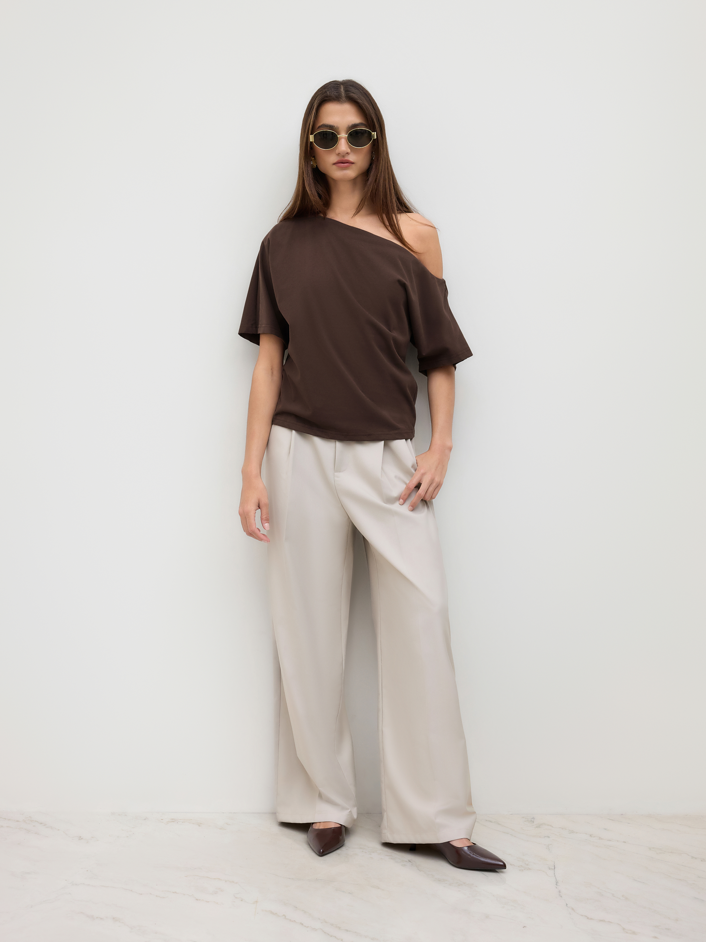 Cotton-blend Asymmetrical Neck Ruched Tee