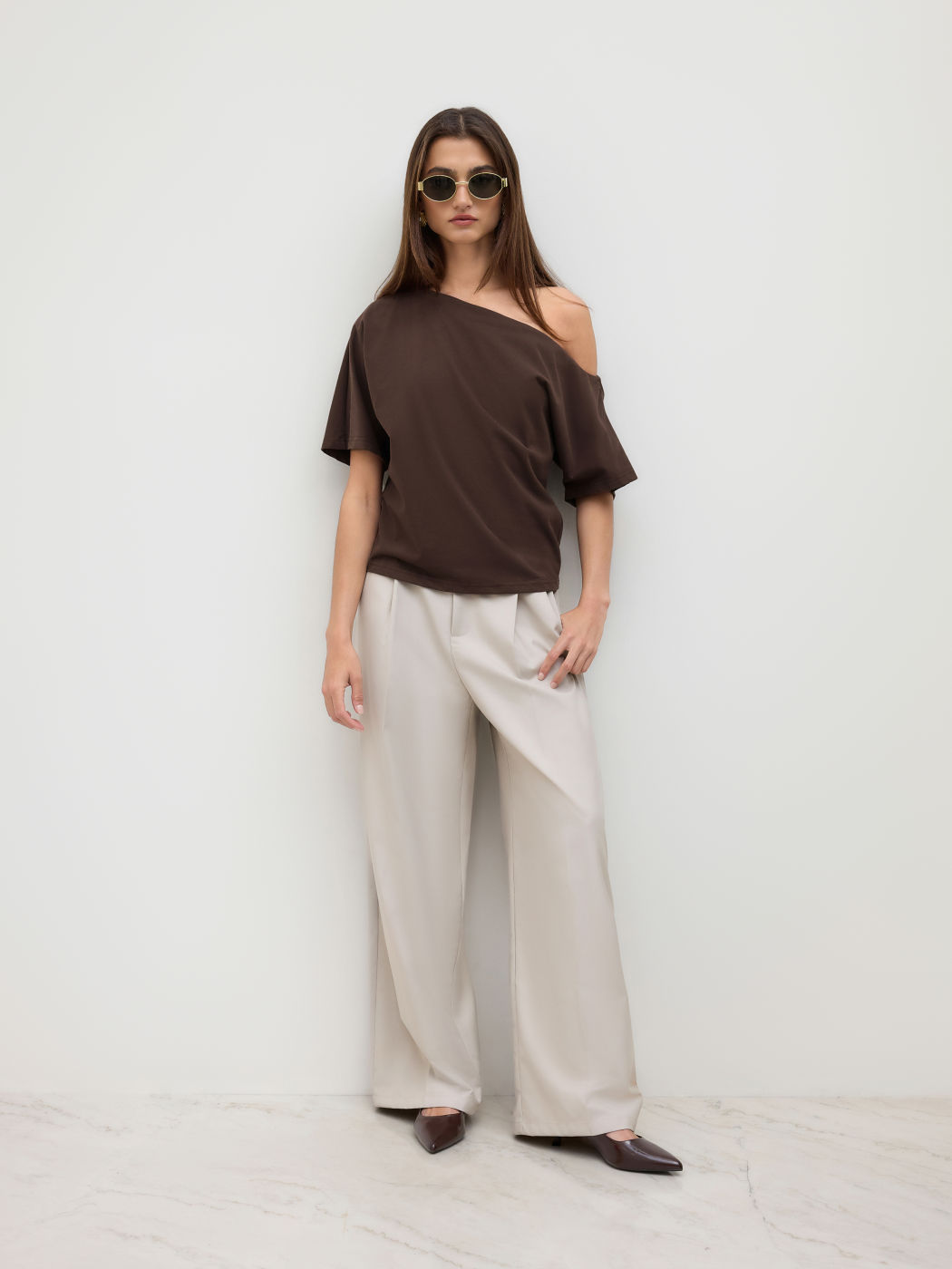 Cotton-blend Asymmetrical Neck Ruched Tee