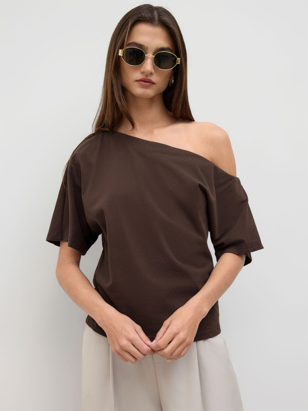 Cotton-blend Asymmetrical Neck Ruched Tee