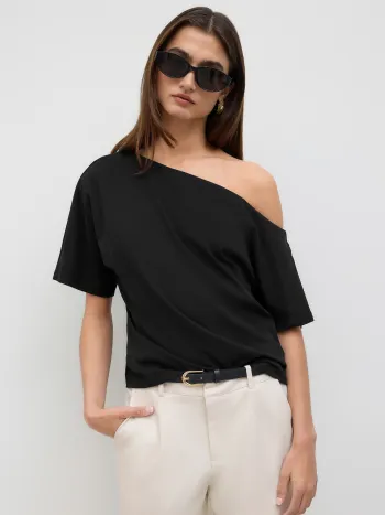 Baumwollmischung Asymmetrischer Hals Rüschiges T-Shirt