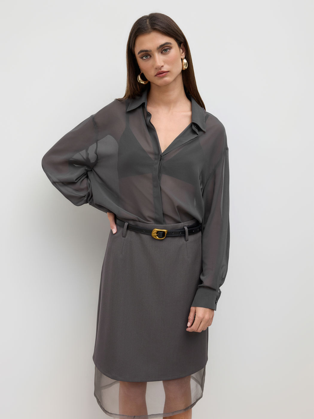 Chiffon-Polo-durchsichtiges Oversize-Oberteil