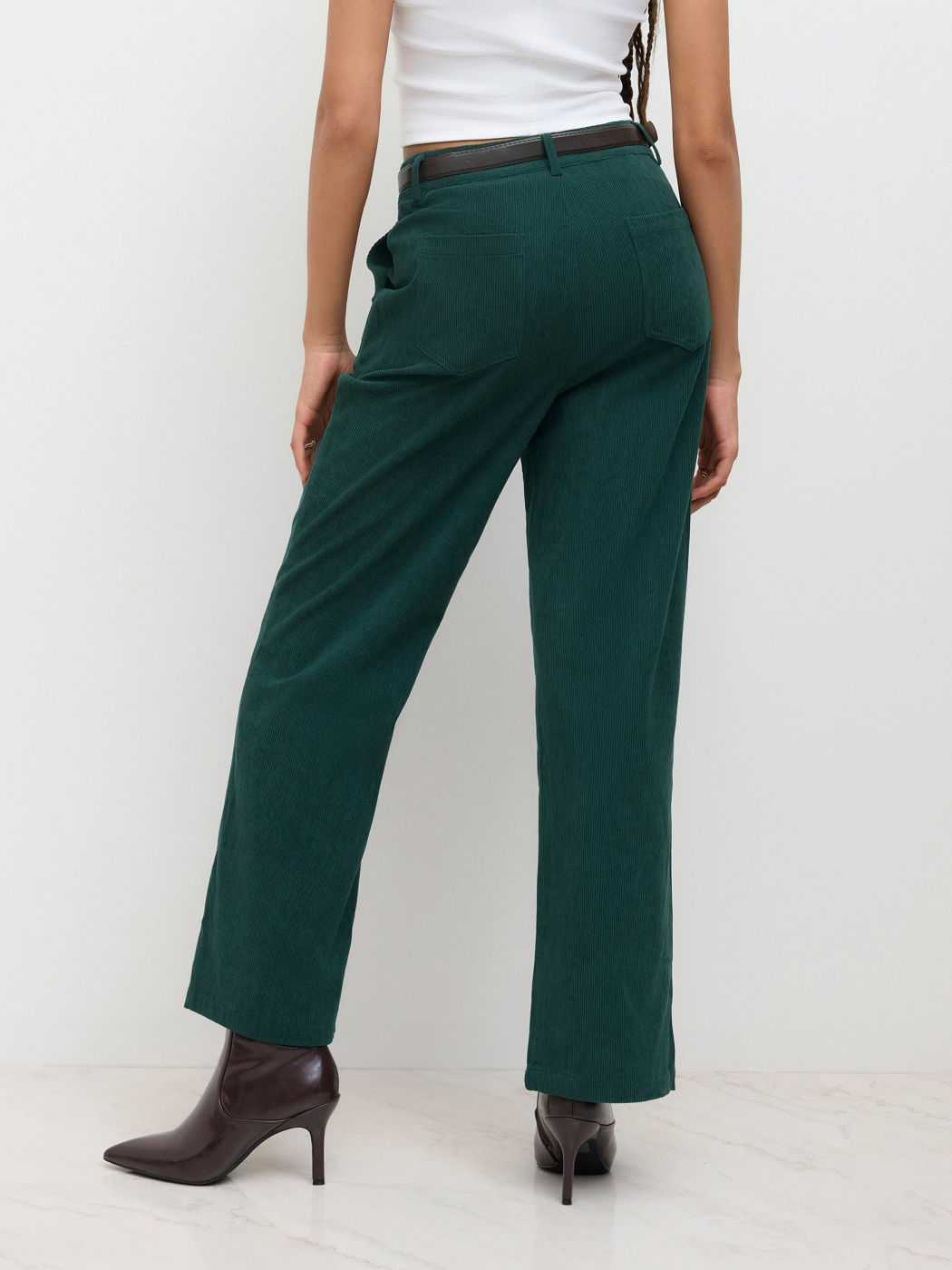 Corduroy Middle Waist Pocket Straight Leg Trousers With Belt