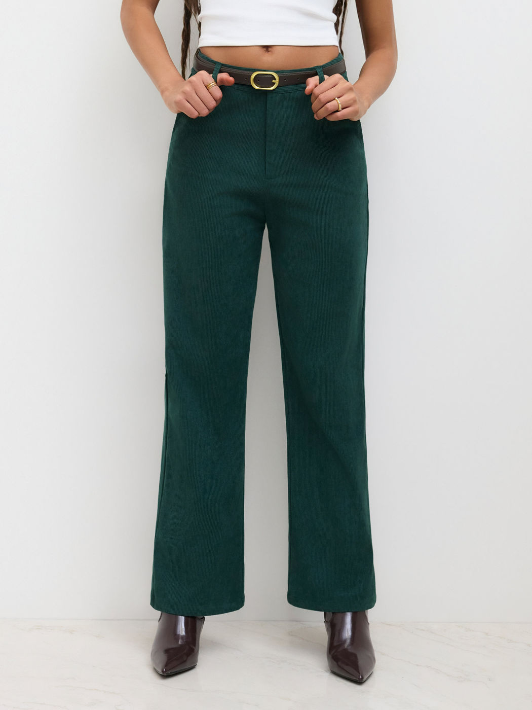 Corduroy Middle Waist Pocket Straight Leg Trousers With Belt