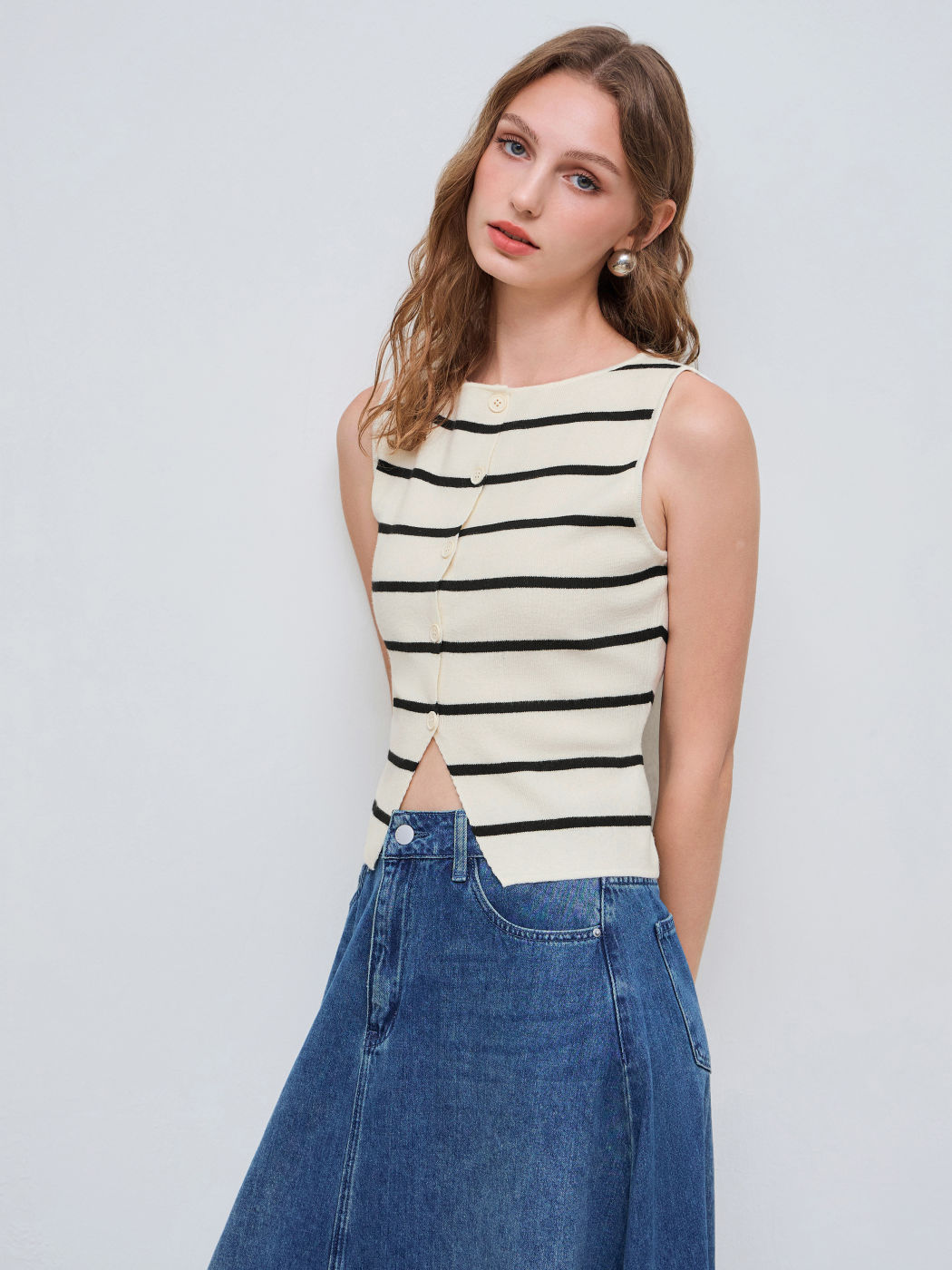Knit Boat Neck Striped Button Split Vest