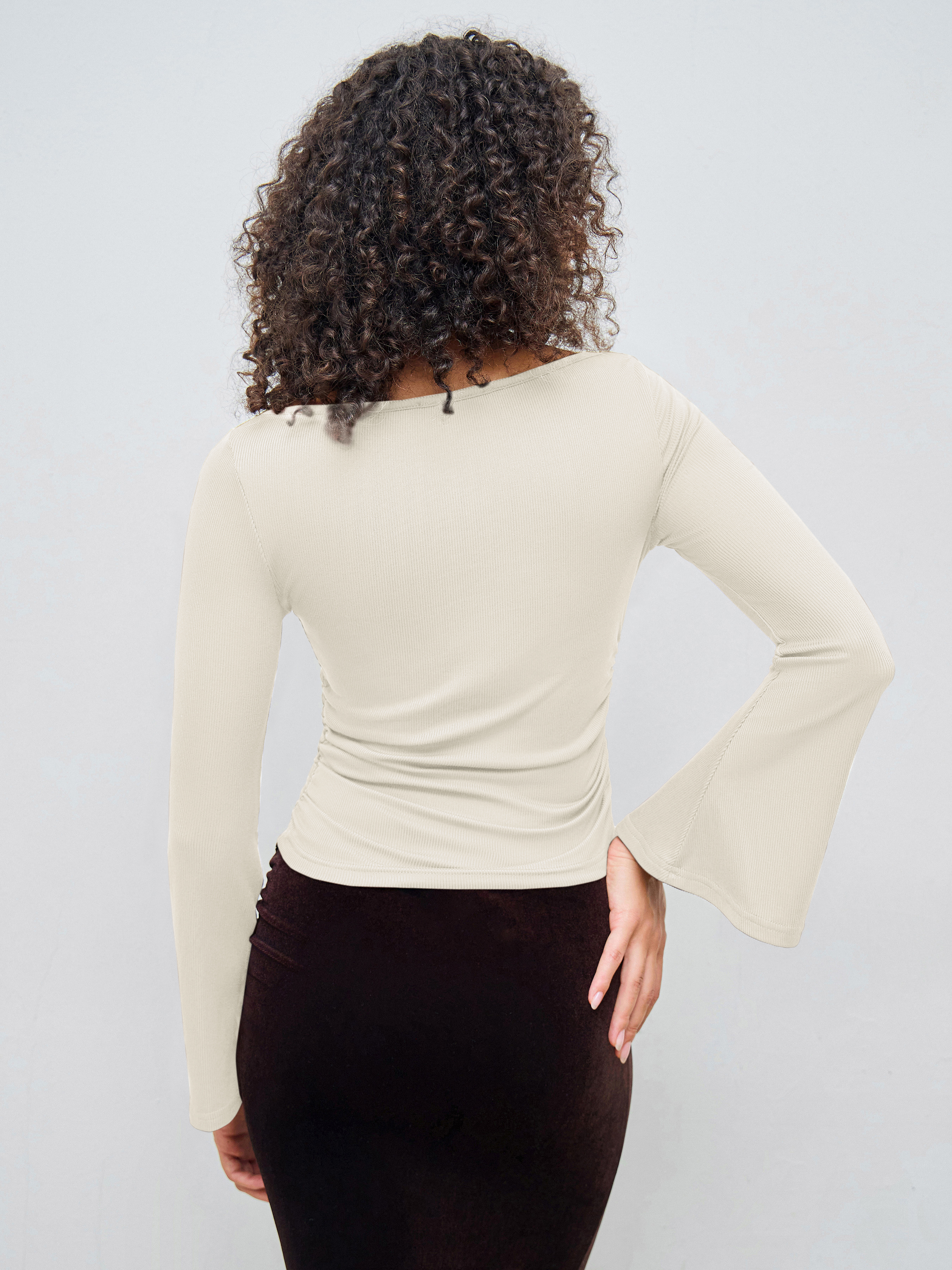 U-neckline Two Tone Twist Long Sleeve Top