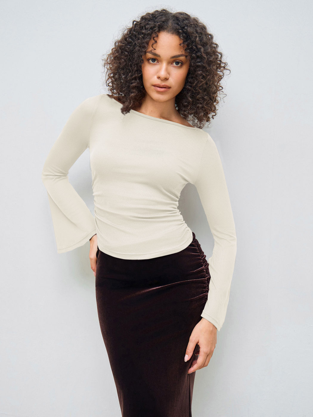 Boat Neck Solid Ruched Long Sleeve Tee