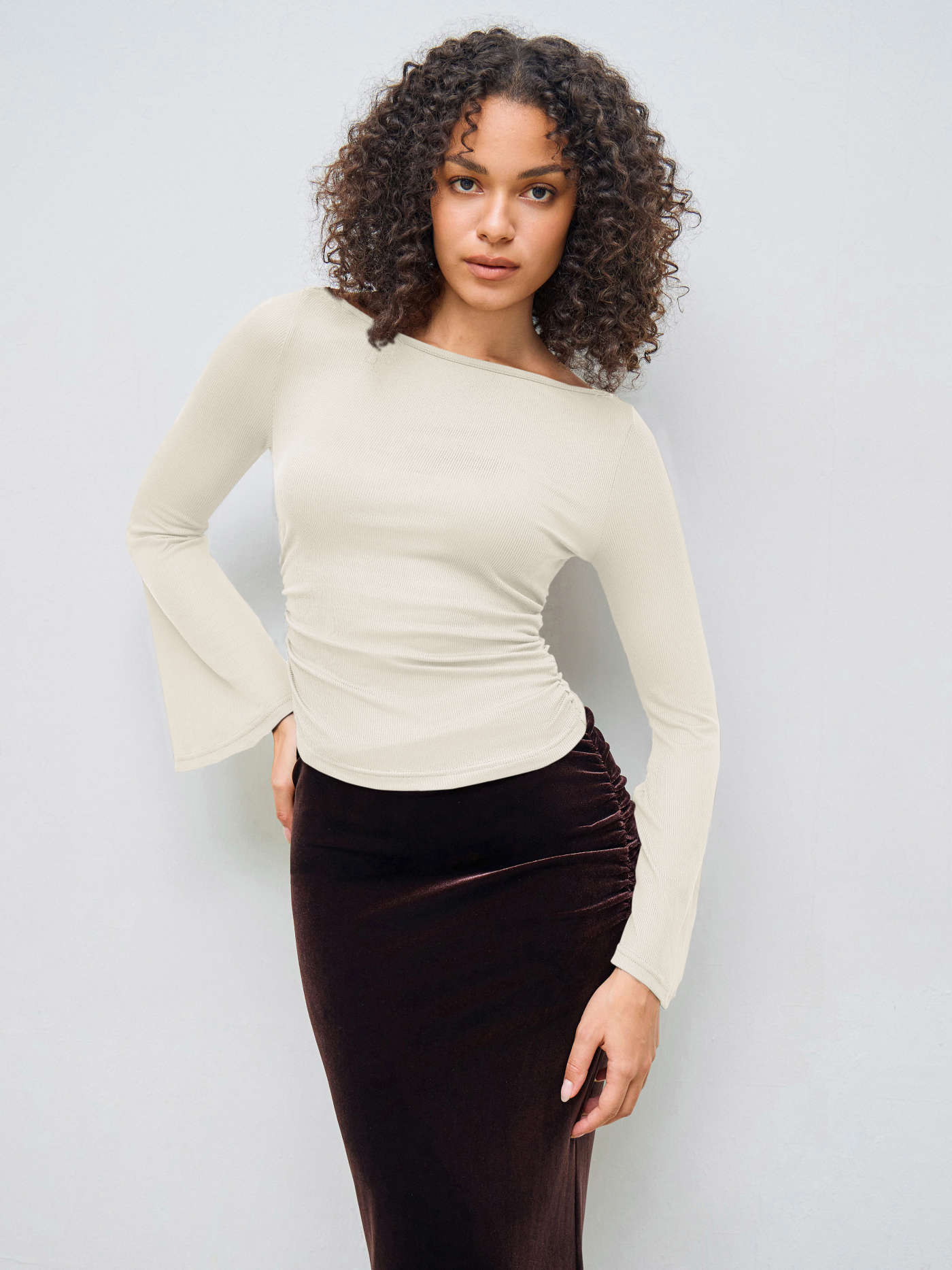 City Chic Knit Fabric Off-shoulder Solid Long Sleeve Top For Daily Casual Coffee Shop Work