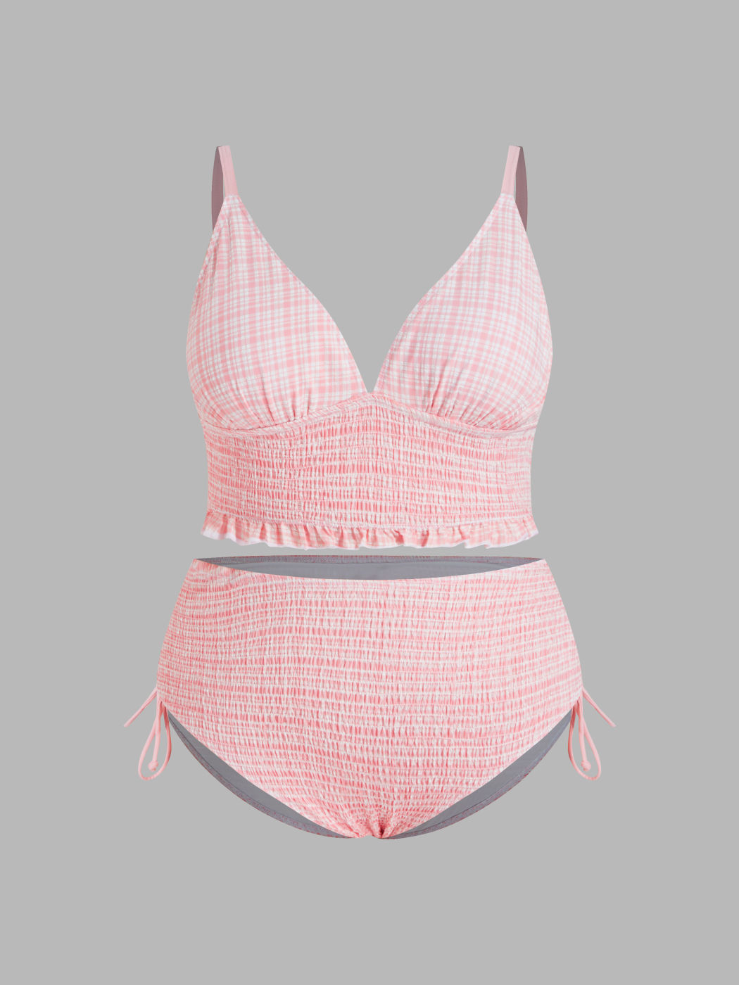 V-neck Tartan Shirred Triangle Drawstring Bikini Set Curve & Plus