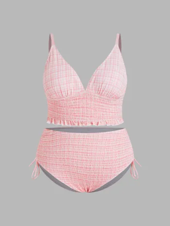 V-neck Tartan Shirred Triangle Drawstring Bikini Set Curve & Plus
