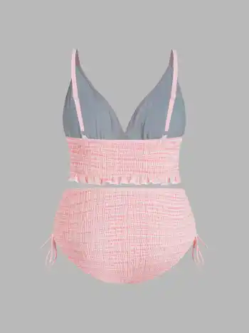 V-neck Tartan Shirred Triangle Drawstring Bikini Set Curve & Plus