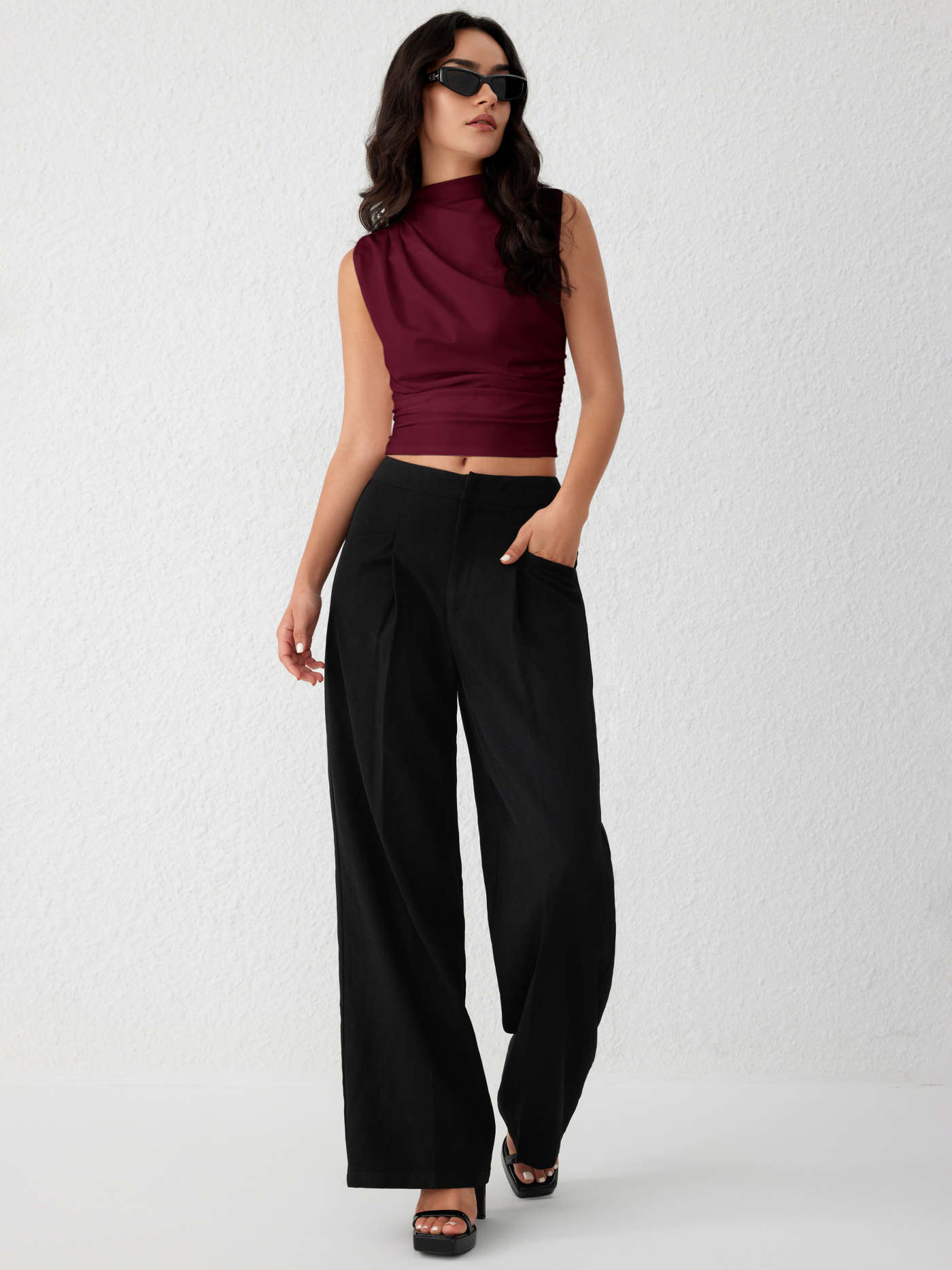 Asymmetrical High Neck Ruched Crop Top