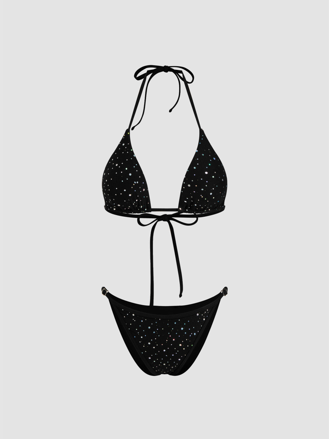 Halter Neckline Rhinestone Knotted Triangle Thong Bikini Set With Cover Up Skirt
