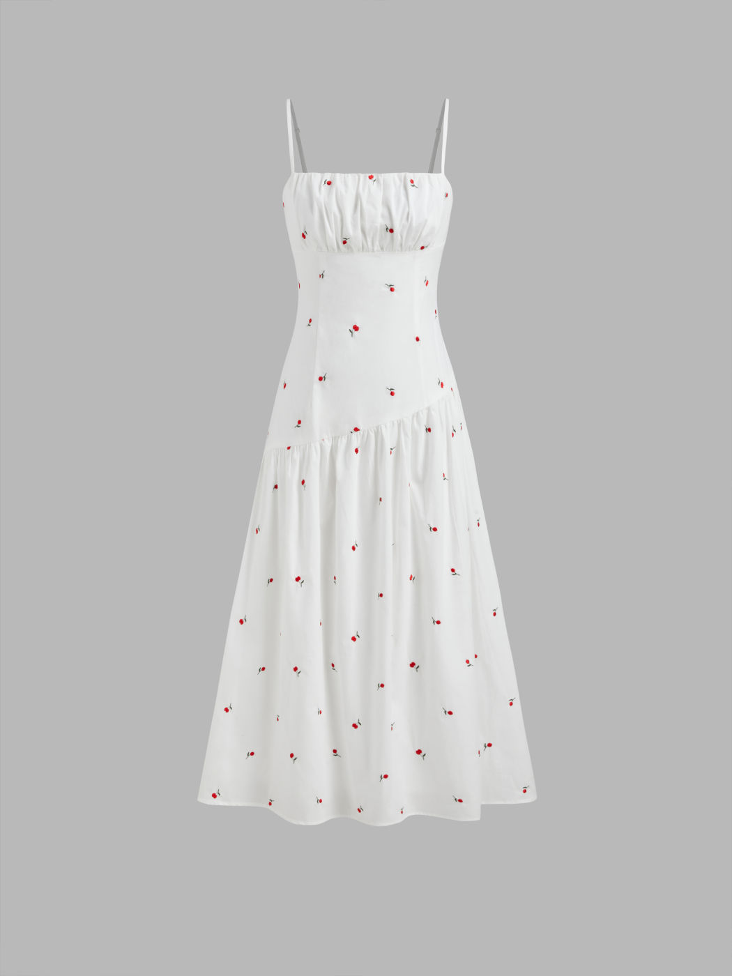Cotton Cherry Embroidery Ruffle Cami Maxi Dress